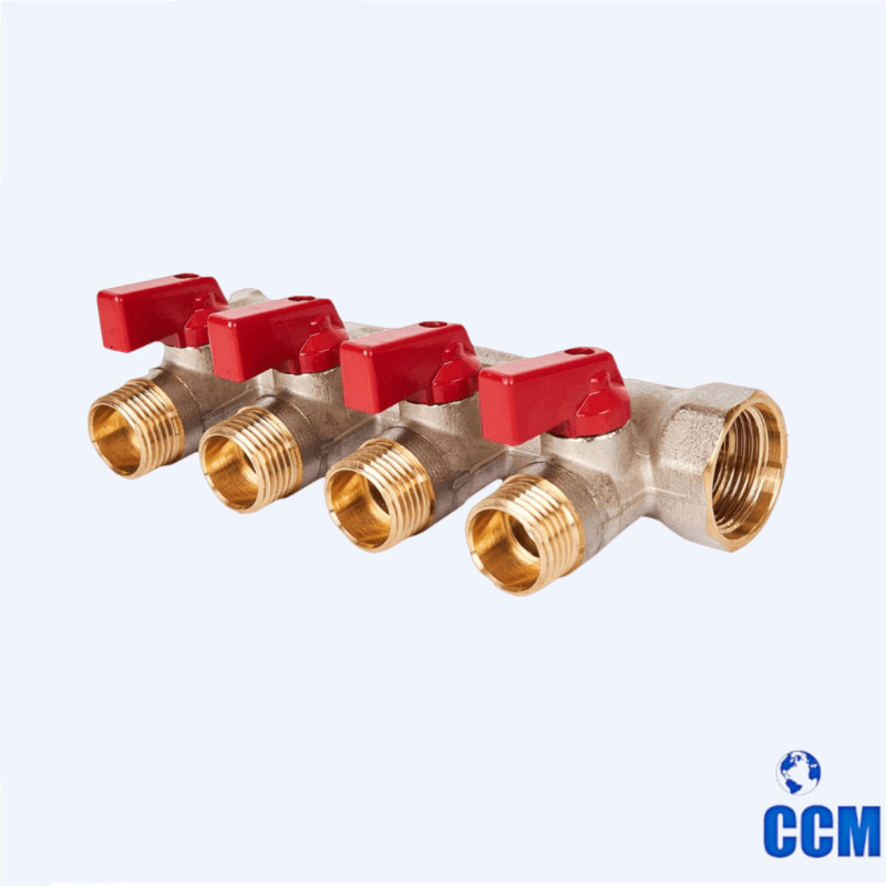 Коллектор с шаровыми кранами 3/4", 4 отвода 1/2" (красные ручки) STOUT SMB 6210 341204