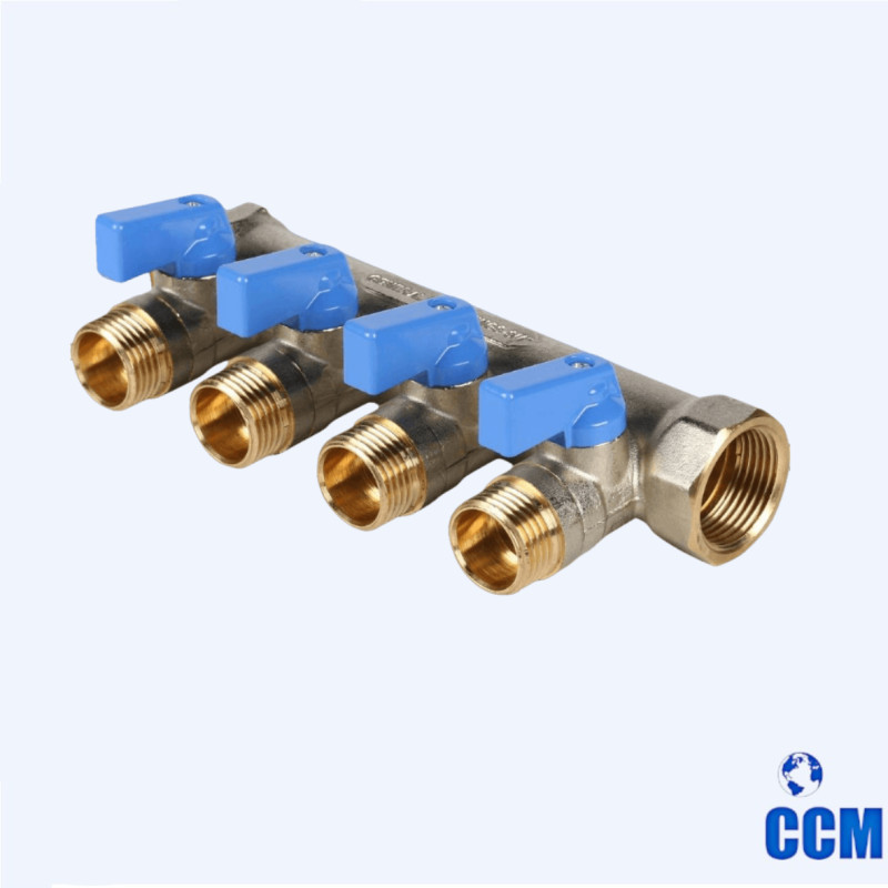 Коллектор с шаровыми кранами 3/4", 4 отвода 1/2" (синии ручки) STOUT SMB 6211 341204 (6201 341204)