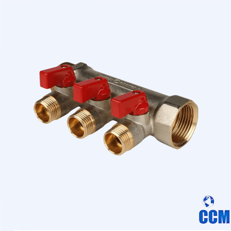 Коллектор с шаровыми кранами 1", 3 отвода 1/2" (красные ручки) STOUT SMB 6200 011203